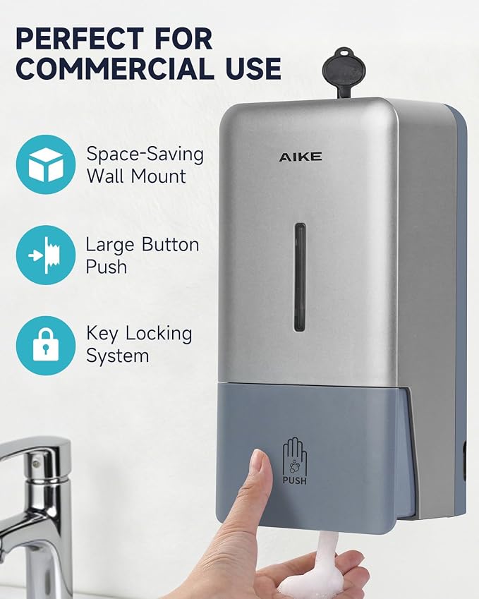 AIKE Foaming Commercial Soap Dispenser,27oz Capacity for Bathroom,Silver | No-Drill and Screw Wall Mount Design for Space-Saving,Large Button and Capacity Dense Foam for Commercial Bathroom,AK1006F