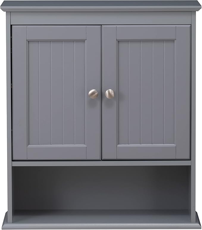 Spirich Bathroom Medicine Cabinet Over Toilet, Wall Mounted Cabinet, Gray | FSC-Certified Engineered Wood, Hidden & Open Storage, Adjustable Shelf, Modern Beadboard Design for Bathroom Kitchen Laundry