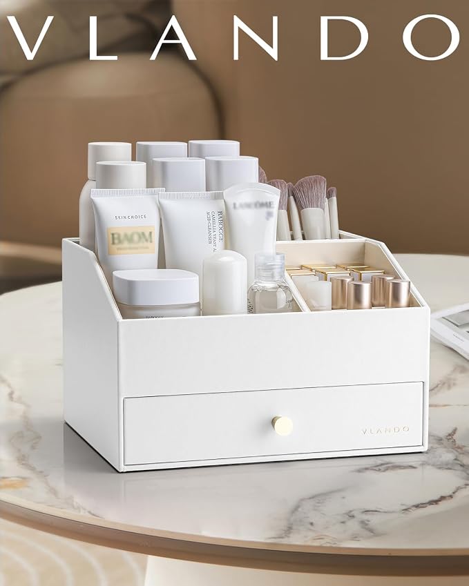 VLANDO Makeup Organizer,Vanity Organizer with Drawers, PU Leather Skincare Organizer Perfume Organizer,Large Cosmetic Display Case for Lipstick,Brushes Gifts for Women-White