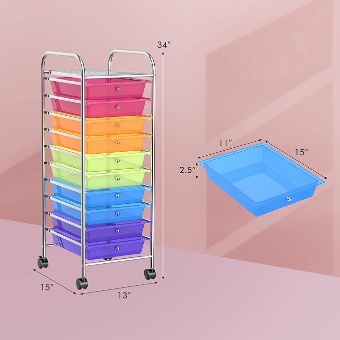 LDAILY 10-Drawer Rolling Storage Cart, Rolling Storage Cart, Storage Organizer on Wheels, Metal Frame, Scrapbook Paper Tools, Suitable for Office School, Classroom (Rainbow, 10 Drawer)