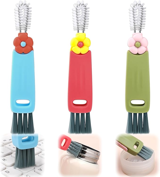 Qianyu 3 Pack 3 in 1 Cup Lid Cleaning Brush Set Multifunctional Insulation Bottle Cleaning Brush Mutipurpose Tiny Silicone Cup Crevice Cleaner Multicolor Home Kitchen Cleaning Tools