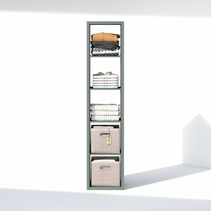 Furinno Cubic Extra Thick 5-Cube Closet Organizers and Storage, Sage Green | 14.6 x 16 x 72 in, Open Shelf Closet Storage, Closet Organizer, for Wardrobe, Bedroom, Living Room