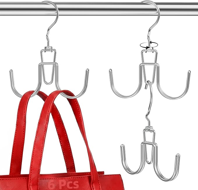 6 Pcs Heavy Duty Purse Organizer for Closet, Stackable Purse Hangers Closet Space Saving with 12 Hanging Metal Purses Hooks Rotatable Handbag Organizer Storage Bag Holder for Backpack Tote Bag