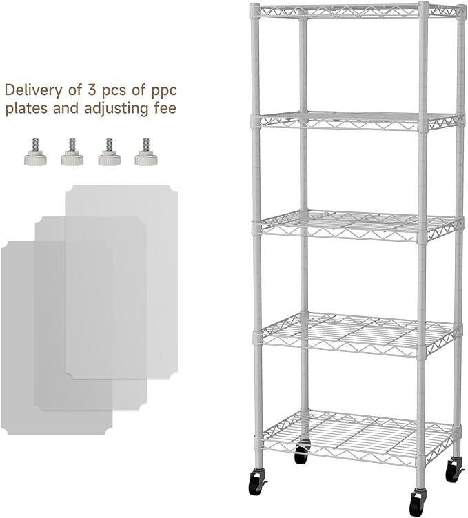 Golpart Small Shelves Storage Wire Metal Adjustable Shelf Unit with Wheels | 5 tier Shelving Organizers Storage Shelving for Bathroom Laundry Room Kitchen Pantry 11.7”D x 17.7”W x 57.2”H White