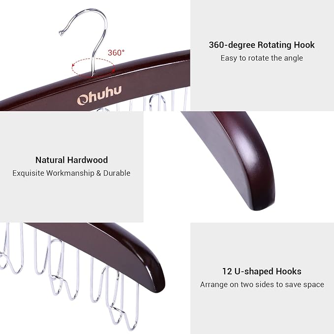 Belt Hanger Organizer for Closet: Ohuhu 2 Pack 12 Hooks Max 36 Belts Tie Rack Wooden Belt Holder for Storage 360 Degree Rotating Space Saver Organizer for Men Women Belt Tie Scarf Accessories-Walnut