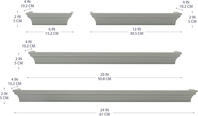 MELANNCO Floating Wall Shelves for Bedroom, Living Room, Bathroom, Kitchen, Nursery, Set of 4, Gray, 4 Count