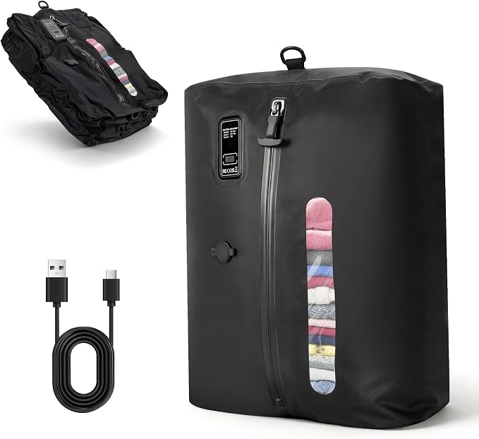 KXB Travel Vacuum Seal Bags with One-Button Suction, 34L Compression Packing Cubes for Carry-On Suitcase & Travel Backpack, Reusable IP67 Waterproof Vacuum Storage Kit for Luggage