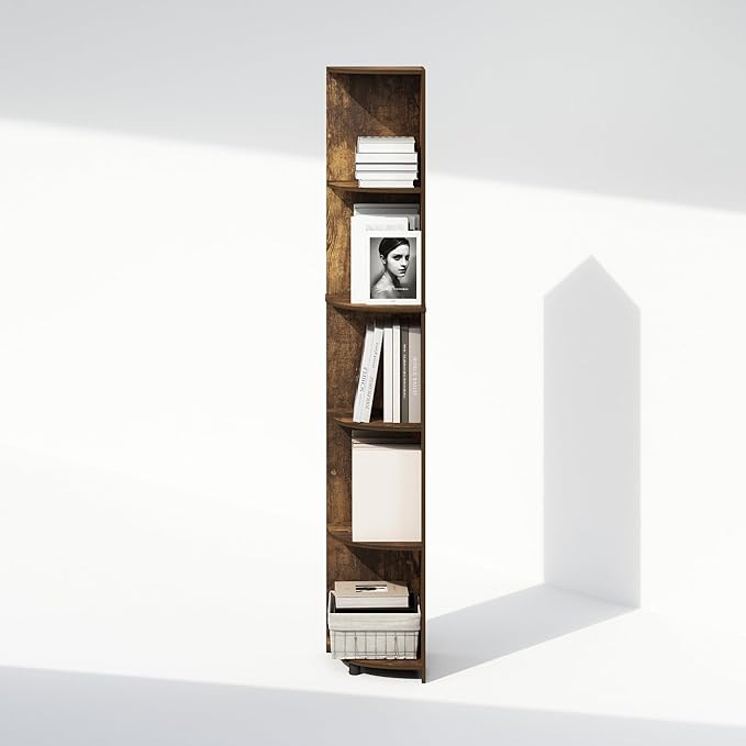Furinno Basic Book Shelf, 5-Tier Bookshelf, Bookcase with Multipurpose Corner Shelf, 12 x 12 x 70.8, for Living Room, Bedroom, Home Office, Amber Pine