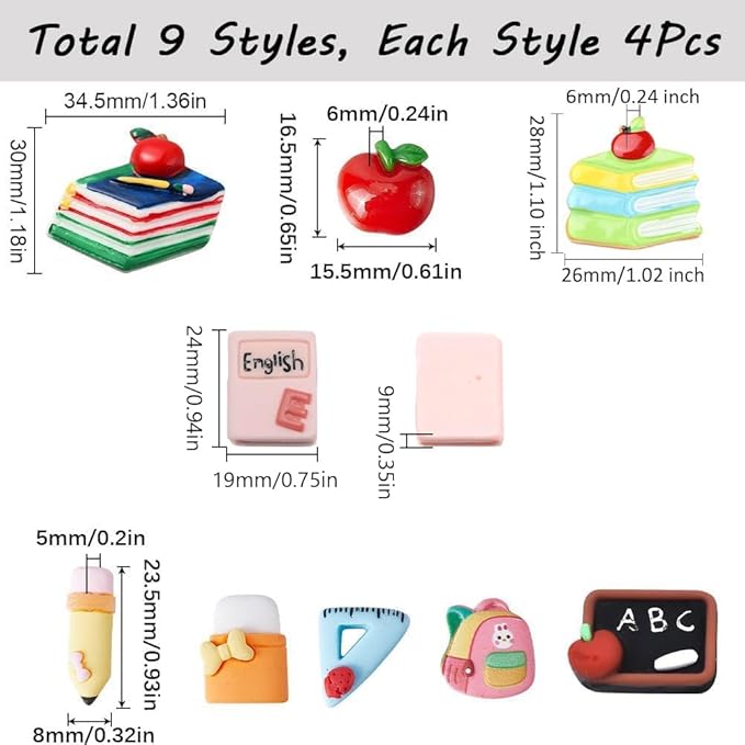 SUNNYCLUE 1 Box 36Pcs 9 Styles Resin Cabochons Teacher's Day Charms Cute Flatback School Study Supplies Mini Ruler Eraser Pencil Notebook Cabochon for Scrapbooking Embellishments DIY Craft Hairpins