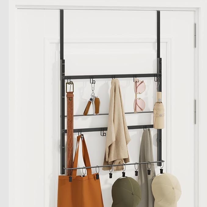 Consumest Over the Door Organizer - 3 Tier Door Hanger Hooks for Hanging Clothing, 24 Inches Long Coat Hanger for Bedroom, Bathroom, Laundry or Dorm Room, Black