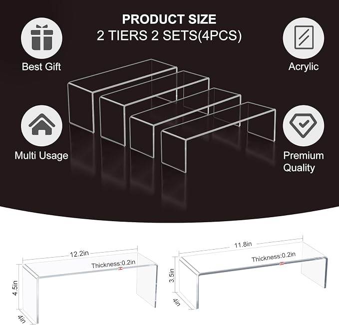 Acrylic Display Riser Stand,12'',4Pc Tiered Shelf Risers for Figurines | Clear 5mm Thick plastic steps rack matching perfume, cupcake, jewelry, pop collectibles. Stackable food buffet table setup