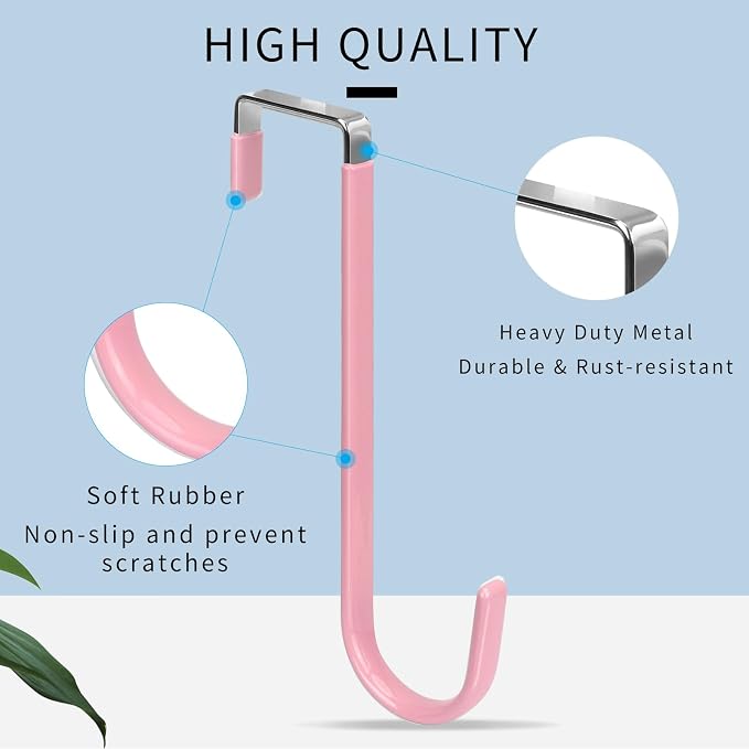 FYY Over the Door Hooks, Single-Hanger 4 Pack, Fits Doors 1.6" Pink | Heavy Duty Metal, Hold 20lbs, Rubber-Coated, No-Drilling, for Bathroom Dorm, Hanging Towels Clothes Hats Bags Coats Wreaths