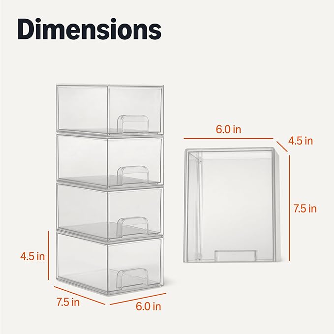 Amazon Basics Stackable Plastic Storage Makeup Organizer Drawers, Clear, 7.5" x 6" x 4.5", 4-Pack