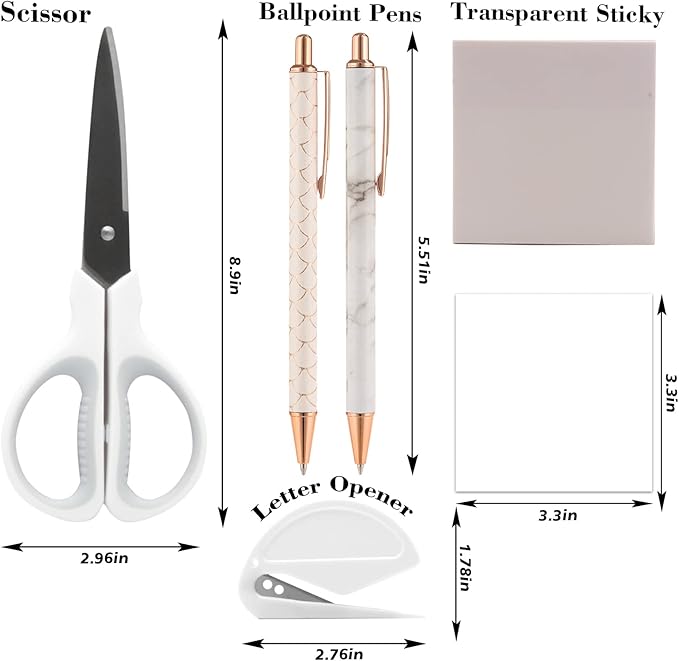 White Office Supplies, Shellvcase White Desk Accessories, Stapler and Tape Dispenser Set for Women with Stapler, Tape Dispenser, Staple Remover, Staples, Clips, Scissor and Pens for Students