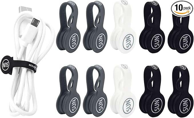 SUNFICON 10 Pack Earbuds Cords Organizers Magnetic Cable Clips Organizers Bookmark Clips Whiteboard Noticeboard Fridge Magnets USB Cable Manager Keeper for Home Kitchen Office School,Gray White Black