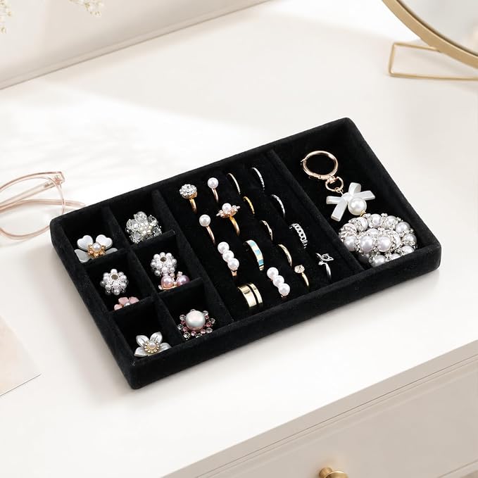 Jewelry Drawer Organizer Inserts Black Velvet Jewelry Tray Stackable Insert | Jewelry-Organizers and Storage for Drawers Drawer Inserts Earring Organizer for Women Storage Display Rings Stud Necklaces
