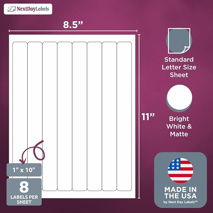 NextDayLabels 1x10 Inch Strip Stickers White Blank Labels for Laser Inkjet Printer - 8 Per Sheet Self-Adhesive Unique Size Label Made in USA - 400 Labels