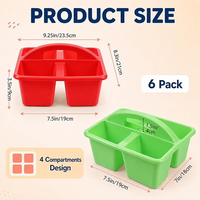 gisgfim 6 Pack Plastic Classroom Caddy with 4-Compartments Plastic Storage Caddies with Handle 4 Compartments Table Caddy Organizer Versatile Table Caddies for Classroom Office, Rainbow Color