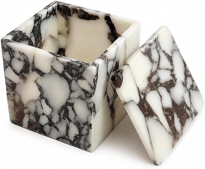 Natural Marble Square Storage Box with Lid, 3.94 in | A small lidded natural marble box that turns jewelry, cotton swabs, and hair ties into a polished vanity display.