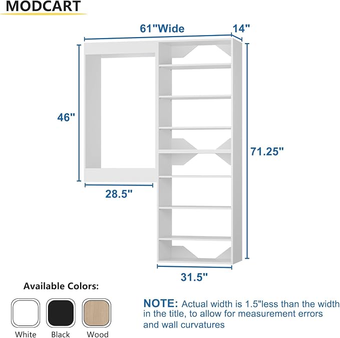 Modular Closet System, 61" Wide Closet Organizer System with Towers and Hanging, Wood Closet Tower Storage for Walk In Closets, Wall Mounted Wardrobe Organizer Kit System, Bedroom, White