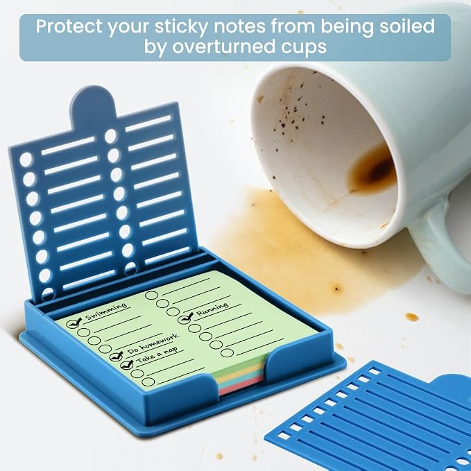 Sticky Note Holder with 5 Different Stencil & 100 Sheet Post It Notes, 3x3 inch Sticky Pads Dispenser with Line Box Drawing Template for Office and Home(COLOR:blue)
