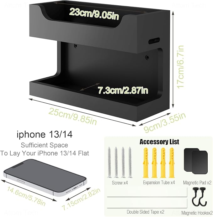 NiHome Bedside Wall Shelf, Wood Organizer, Magnetic Hooks, 2 Tier, Black | Double Layer Tray For Dorm Bedroom, Cable Holes, No Drill Mount RV Wall Caddy, Holds Phone Glasses Remote Clock