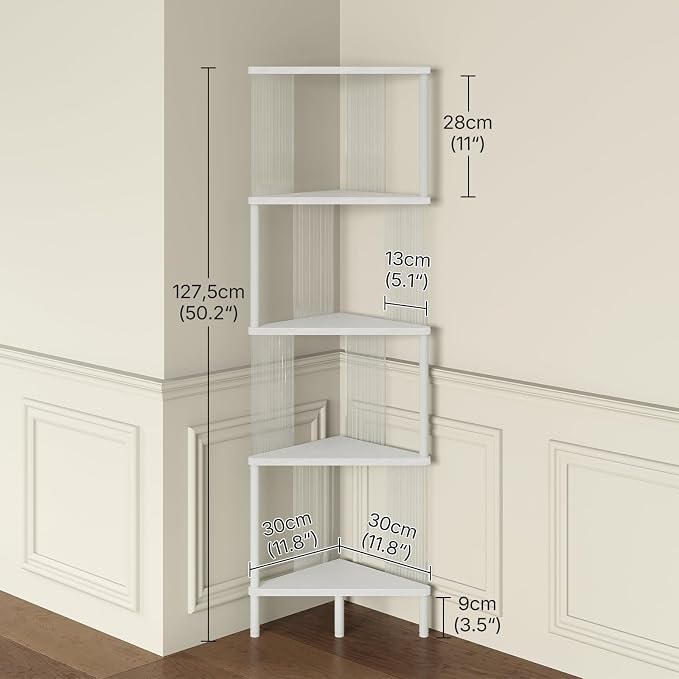 YATINEY 5-Tier Corner Shelf, Corner Bookshelf for Small Space, White CJ12WW | Freestanding Corner Shelf Stand, 5-Tier, 50.2" Tall, Small Bookcase, Clear Acrylic Sides, for Living Room, Bedroom