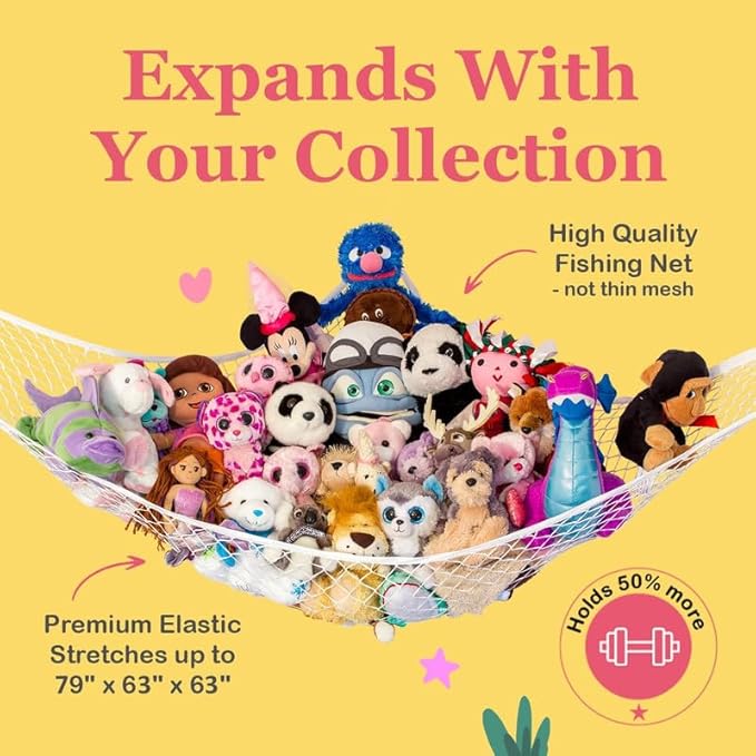 Lilly's Love Large Stuffed Animal Hammock | Corner Hanging Organizer, Toy Storage, Stuffed Animal Storage Net | Made from Quality Fishing Net, Holds 12lbs | 79"x63"x63" (Light Blue, 2 Pack)