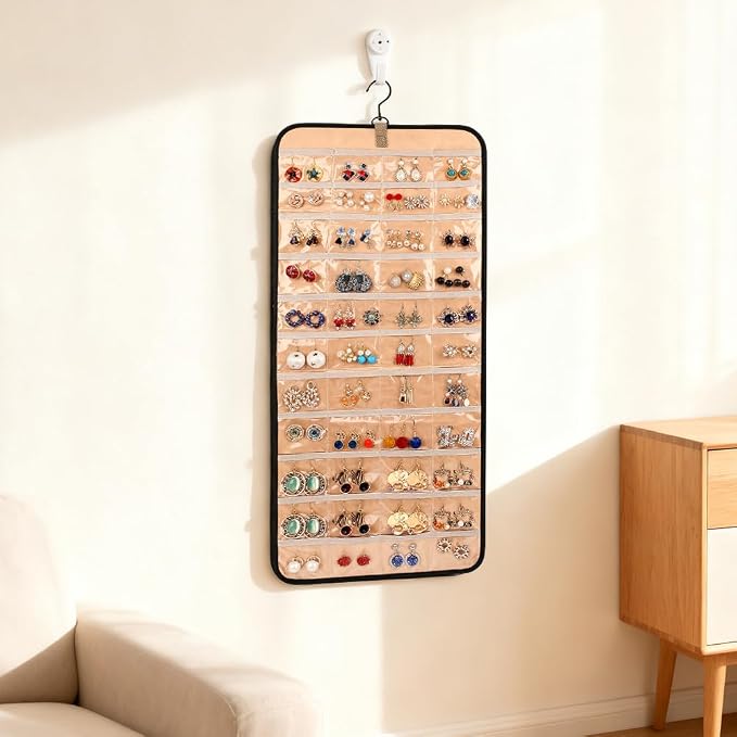 Hanging Jewelry Organizer Storage Roll with 48pcs Pocket Double Sided Rotating Hanger Necklace Hanging Wall Organizer with Hanger Hooks(COLOR:Black)