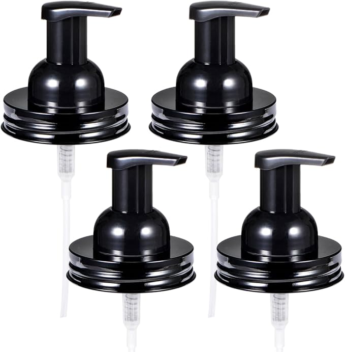 Amolliar Mason Jar Foaming Soap Dispenser Pump Lid, Refillable Plastic Pump, Rustproof Stainless Steel Lid for Regular Mouth Jar, Cute Farmhouse Decor, Hand Soap for Bathroom, Kitchen, Black 4 Pack
