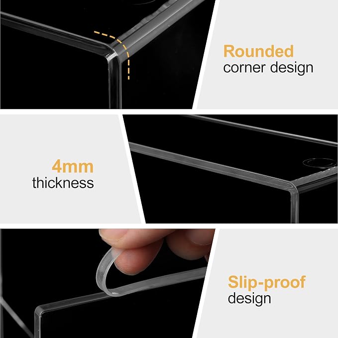 Aminigram 4 Pack Acrylic Risers Display Stands, Display Stands for Collectibles, Clear Acrylic Shelf for Show Decor Display, Toys, Cupcake (9.2 x 3 x 5 inches)
