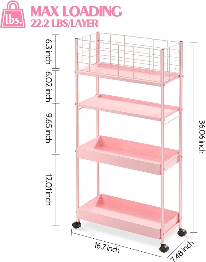 KINGRACK Slim Rolling Storage Cart 4 Tier - Heavy Duty Metal Utility Cart with Raised Edge & Wheels, Narrow Mobile Organizer Shelves for Bathroom, Kitchen, Laundry, Office, Living Room, Pink