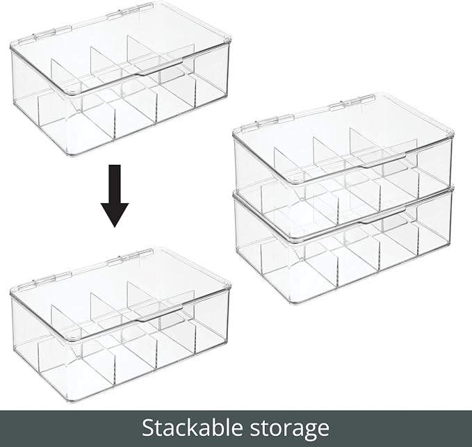 mDesign Plastic Divided First Aid Storage Box Kit with Hinge Lid for Bathroom, Kitchen, Cabinet, Closet - Organize Medicine, Ointments, Adhesive Bandages, Dental - 8 Sections, 2 Pack - Clear