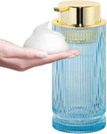 Foaming Soap Dispenser, Glass Foam Hand Soap Dispenser with Pump, 14 Oz Bathroom Refillable Liquid Lotion Pump Ribbed Bottle Container for Kitchen Countertop Decor (1, Blue Gold)