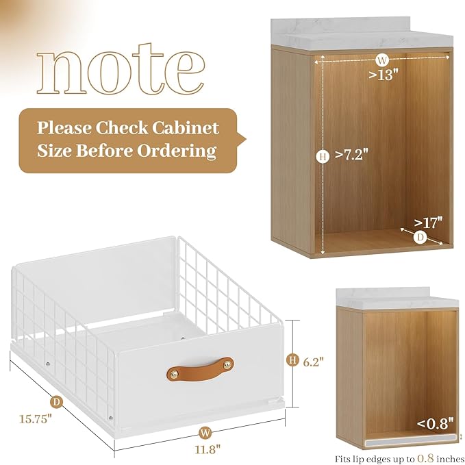 Pull Out Cabinet Organizer, 1 Pack No-Drill Pantry Drawers, Slide Out Shelves with Bamboo Risers for Lipped Cabinets,Ideal for Kitchen, Bathroom & Under Sink Storage (White, 11.8"Wide-15.7"Deep)