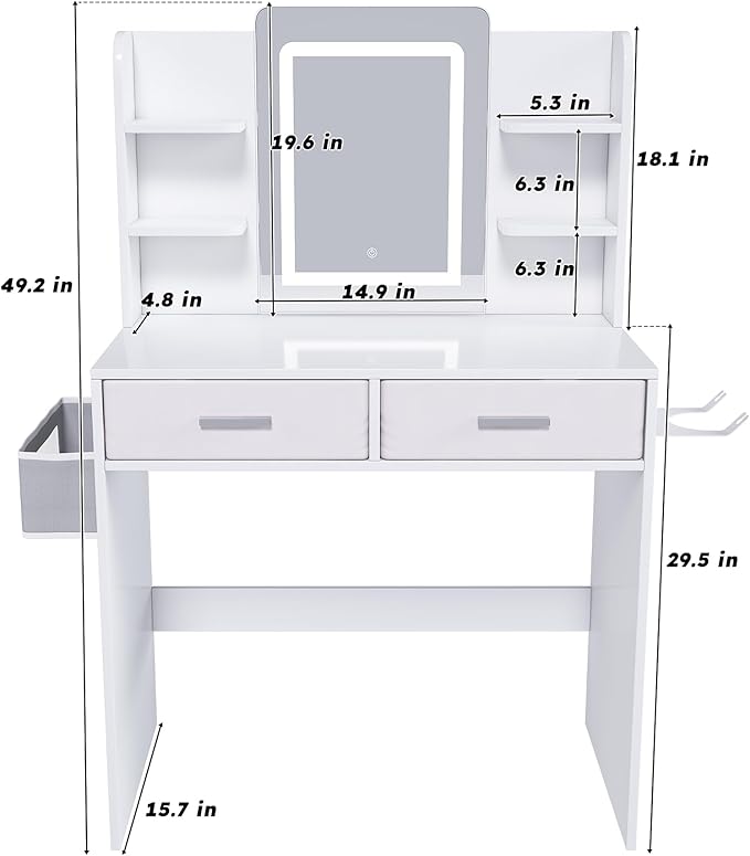 Small Makeup Vanity Desk with Mirror and Lights, Vanity Table with 2 Storage Drawer & Open Shelves, 3 Lighting Colors, Hair Dryer Stand, Adjustable Brightness White Makeup Vanity