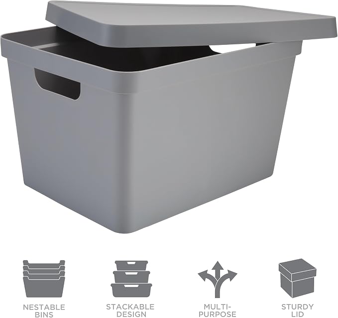 Simplify Large Vinto Storage Box | Stackable | Home Organization | Bathroom | Accessories | Toys | Closet | 2 Handles | Grey