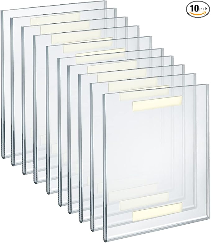 Azar Displays 122025 Self Adhesive Clear Acrylic Wall Sign Holder Frame 8" W x 10" H Portrait/Vertical, 10-Pack
