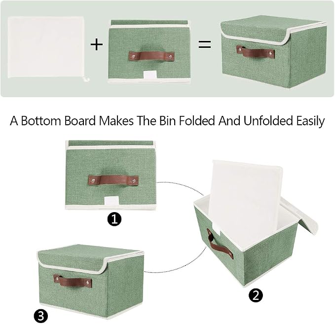 2Pack Storage Bins Boxes with Lids 10" x 8" x 7" Decorative Storage Baskets | Cotton Linen Fabric, Collapsible, Faux Leather Handles, Storage Cubes, Closet Shelf Clothes Organizer Container, Green