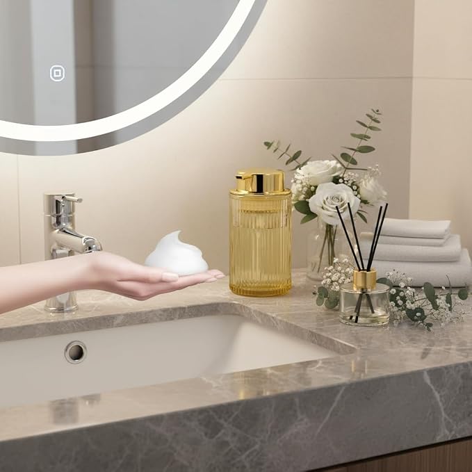 Foaming Soap Dispenser, 12 Oz Amber Glass Foam Hand Soap Dispenser, Refillable Lotion Soap Dispenser with Removable Pump for Kitchen Hand Wash Dispenser, Modern Slim Ribbed Bottle for Decor