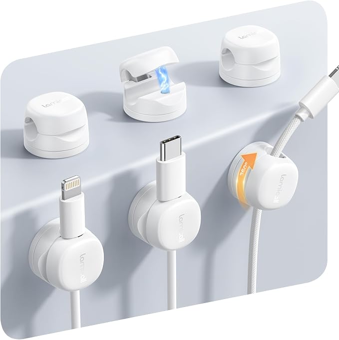 Lamicall 6 Pack Magnetic Cable Clips, 360° Rotating Cord Organizer Cable Management, No Residue Adhesive Phone Charger Cord Holder for Desk Nightstand Wall Car, Office Home Dorm Room Accessories