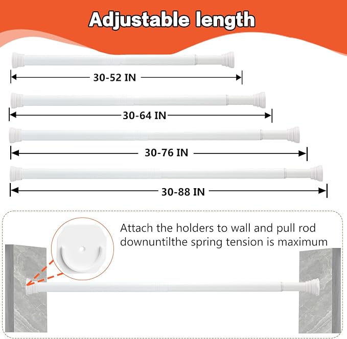 No Drilling Closet Rods for Hanging Clothes, Adjustable 30-52 in | White, Metal, Heavy Duty, Space Saving, Suitable for Wardrobes, Laundry, RV