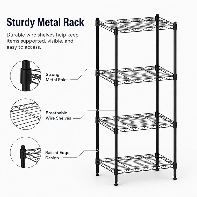 4 Tier Storage Shelves, Metal Wire Shelving Unit, Heavy Duty Adjustable Shelf Rack for Pantry, Kitchen, Garage and Laundry Room, Black