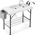 Folding Fish Cleaning Table Portable Camping Double Sinks Table w/2 Dual Water Basins, Faucet Drainage Hose & Sprayer Outdoor Fish Fillet Cleaning Station w/Knife, Storage Box,Black | Portable, Camping, 2 Dual Water Basins, Faucet, Drainage Hose, Sprayer