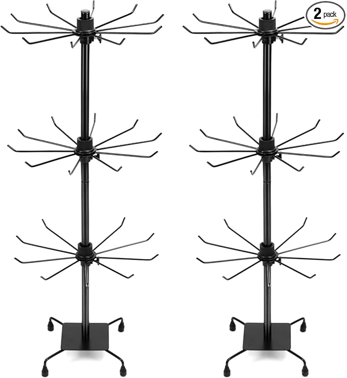QWORK 3-Tier Rotating Metal Jewelry Display Stand – 2 Sets Adjustable Tabletop Holder for Necklace, Earring & Key Ring