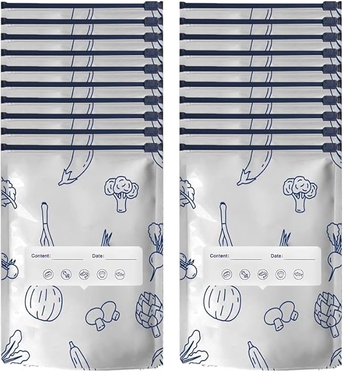 Reusable Aluminum Foil Sealable Storage Bags, Vacuum Zipper Pouches with Label and Stand Up Bottom Design, Leakproof Durable Food Storage Bags for Vegetables Fruits Meat (20, Large)