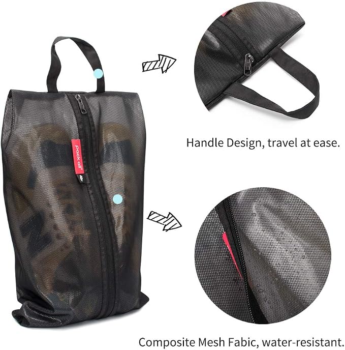 pack all Shoe Bag for Travel, Water-Resistant Shoe Pouch for Gym, Odor-Resistant Soccer Cleats Bag for Sport (Black, 2-Pack)