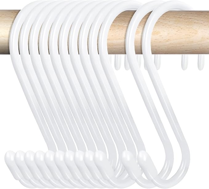 24 Pack 4-1/2 Inch White S Hooks for hanging, Large Vinyl Coated S Hangers Hooks Heavy Duty, Steel Metal Rubber Coated Closet Rod Hooks for Hanging Jeans Clothes Plant Pot Pan Cup Bathrooms Towel Robe
