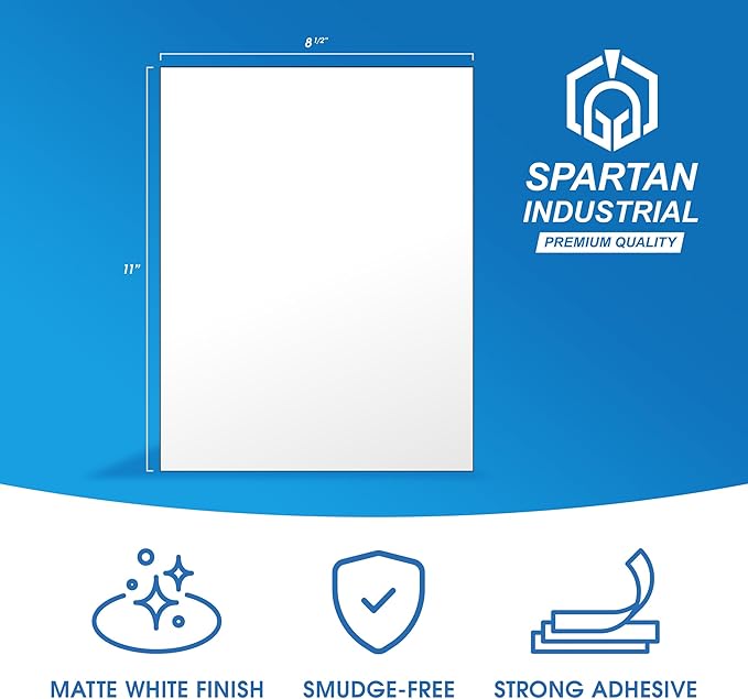 8.5" X 11" Matte White Full Sheet Labels (30 Sheets, 30 Stickers) Printable Sticker Paper for Laser & Inkjet Printers - Spartan Industrial Template R026