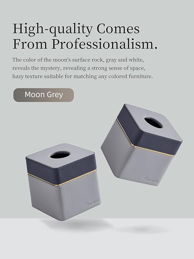 Tissue Box Holder Cover Square, Modern PU Leather Decorative Tissue Cube Holder Organizer - Moon Grey